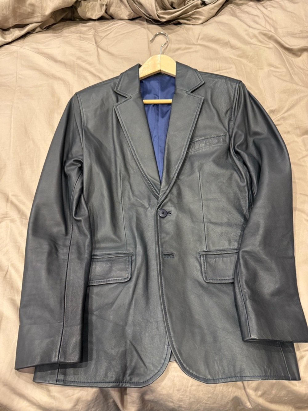 Men's Black Leather Blazer - Classic Two-Button Jacket